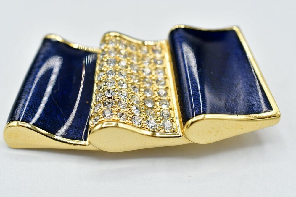 Swarovski Vintage Crystal Ribbon Pin Brooch Navy Rhinestone Swan Signed BinJ